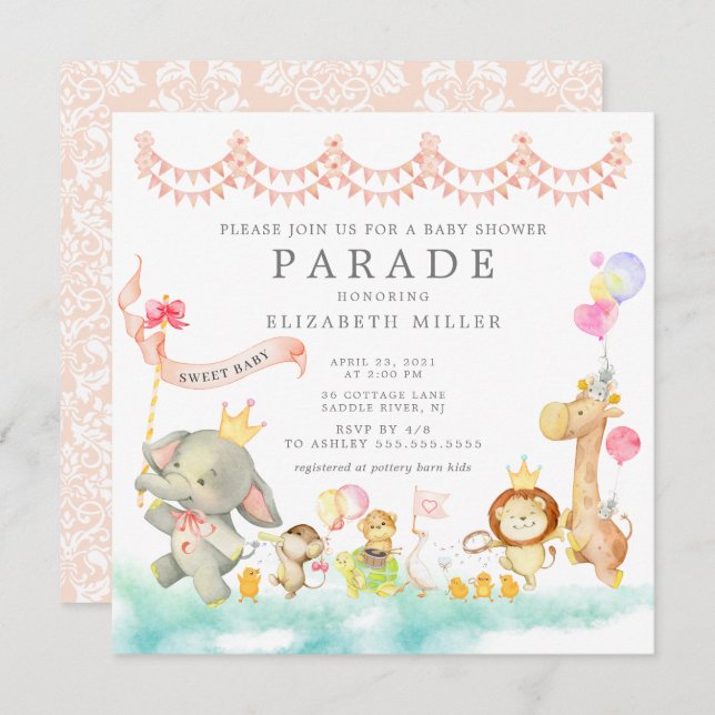 Sweet Baby Animals Parade Kinderdusche Einladung (Vorne/Hinten)