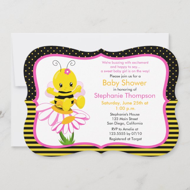 Sweet Baby Bee Girl Babydusche Einladung (Vorderseite)