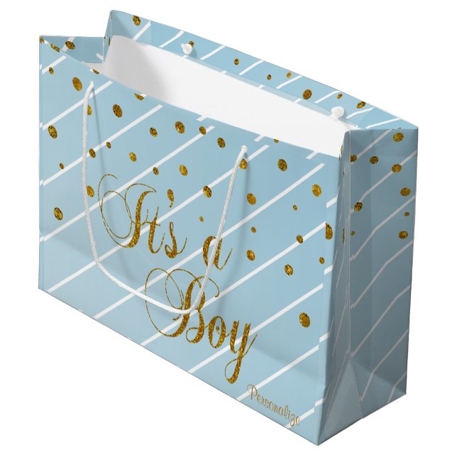 Sweet Baby Blue und Gold Confetti Große Geschenktüte (Vorderseite Schrägansicht)