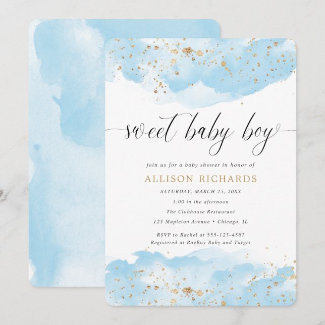 Sweet Baby Boy Aquarellblau Golddusche Einladung (Vorne/Hinten)