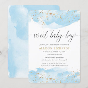 Sweet Baby Boy Aquarellblau Golddusche Einladung