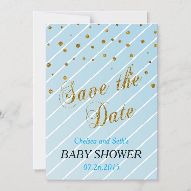 Sweet Baby Boy Blue & Gold Confetti | Babydusche Magneteinladung (Vorderseite)