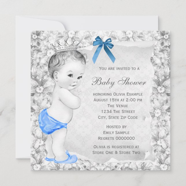 Sweet Baby Boy Blue und Gray Baby Shower Einladung (Vorderseite)