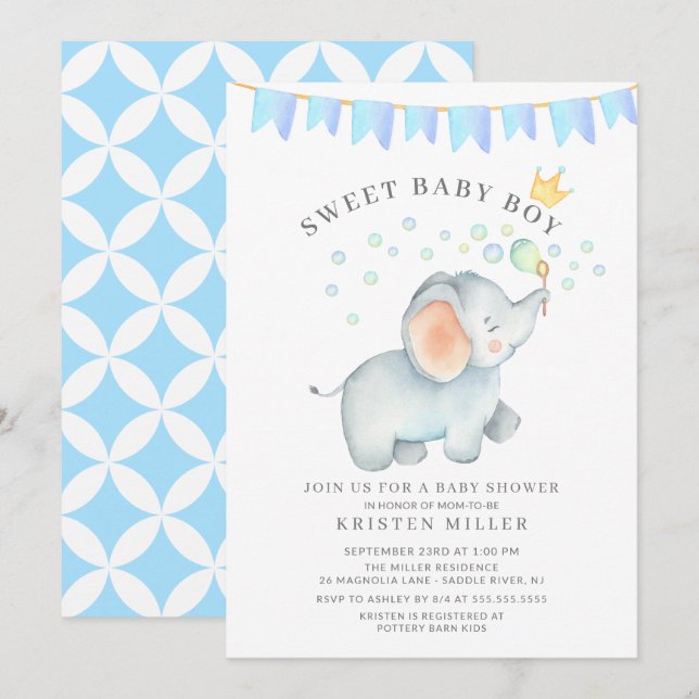 Sweet Baby Boy Elephant Baby Dusche Einladung (Vorne/Hinten)