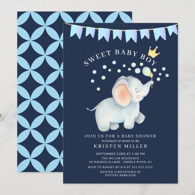 Sweet Baby Boy Elephant Baby Dusche Einladung (Vorne/Hinten)