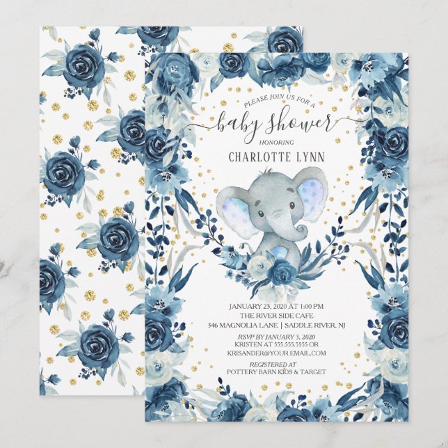 Sweet Baby Boy Elephant Baby Dusche Einladung (Vorne/Hinten)