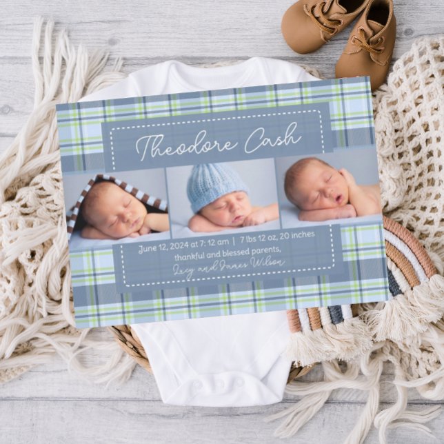 Sweet Baby Boy Kariert Baby Birth Ankündigung (Blue Baby Birth Announcement, boy birth announcement, birth announcement template, plaid birth )