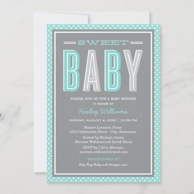 Sweet Baby Chic Typ Aqua Blue Gray Baby Dusche Einladung (Vorderseite)