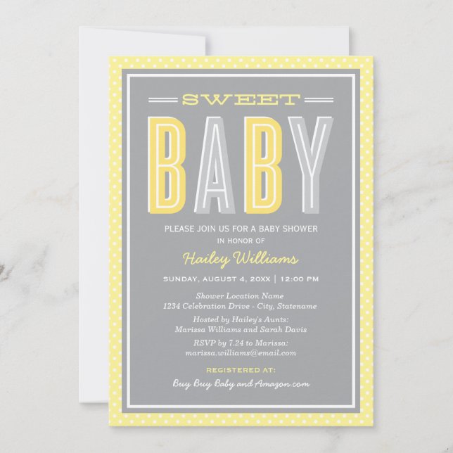 Sweet Baby Chic Typ Gelb und Graudusche Einladung (Vorderseite)