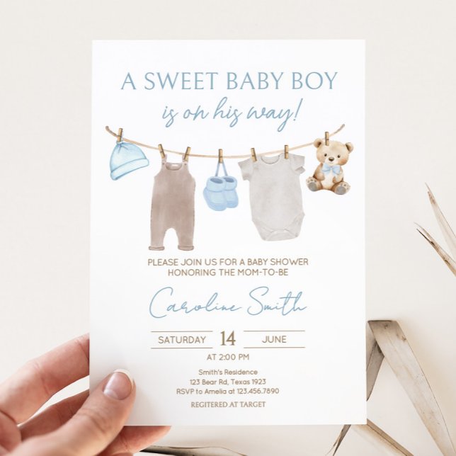 Sweet Baby Clothesline Babydusche Einladung (Sweet Baby Boy Clothesline Baby Shower Invitation)
