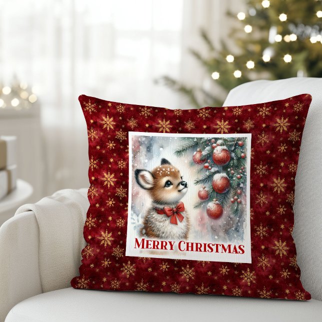 Sweet baby deer snowy forest festive scene kids  kissen (Sweet baby deer snowy forest festive scene kids decor)