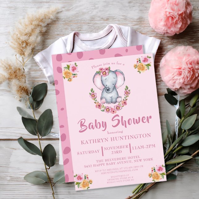 Sweet Baby Elephant Pink Boho Floral Baby Dusche Einladung (CUTE PINK BABY ELEPHANT FLORAL SAFARI BABY SHOWER INVITATION)