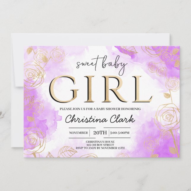 Sweet Baby Girl Baby Shower Lila Gold Elegante Einladung (Vorderseite)