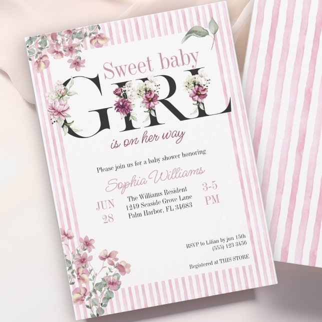 Sweet baby Girl Blumenbriefe Aquarellstreifen Einladung (Von Creator hochgeladen)