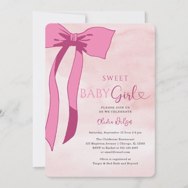 Sweet Baby Girl Blush Pink Bow Baby Dusche Einladung (Vorderseite)