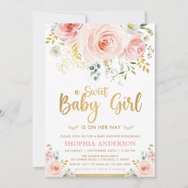 Sweet Baby Girl Blush Pink Gold Floral Baby Dusche Einladung (Vorderseite)