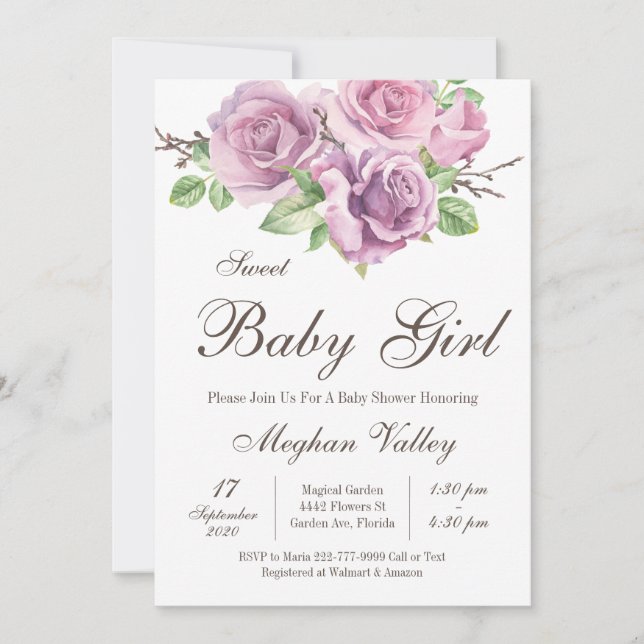 Sweet Baby Girl Dusche Einladungen, violette Blume Einladung (Vorderseite)