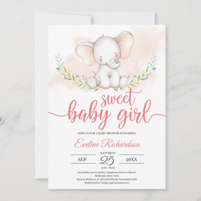 Sweet baby girl Elefant und grüne Babydusche Einladung (Vorderseite)