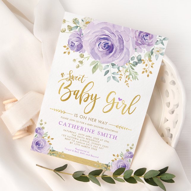 Sweet Baby Girl Lila Gold Blumengrün Dusche Einladung (Von Creator hochgeladen)