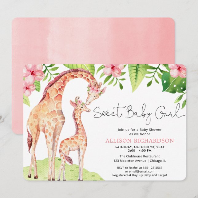 Sweet Baby Girl niedliche Giraffe Safari Babydusch Einladung (Vorne/Hinten)