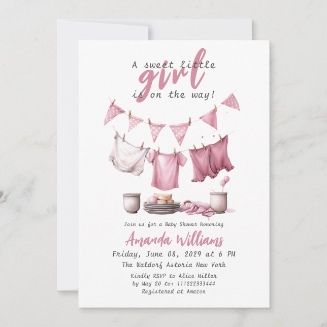 Sweet Baby Girl Pink Boho Clothesline Babydusche Einladung (Vorderseite)