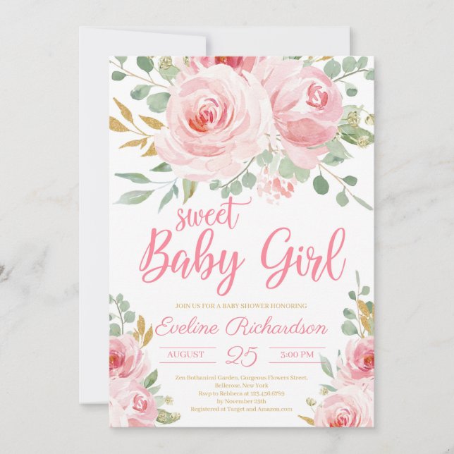 Sweet baby girl Rosa und goldene Babydusche Einladung (Vorderseite)