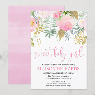 Sweet-Baby-Girl-Rosa und Goldflorale Babydusche Einladung