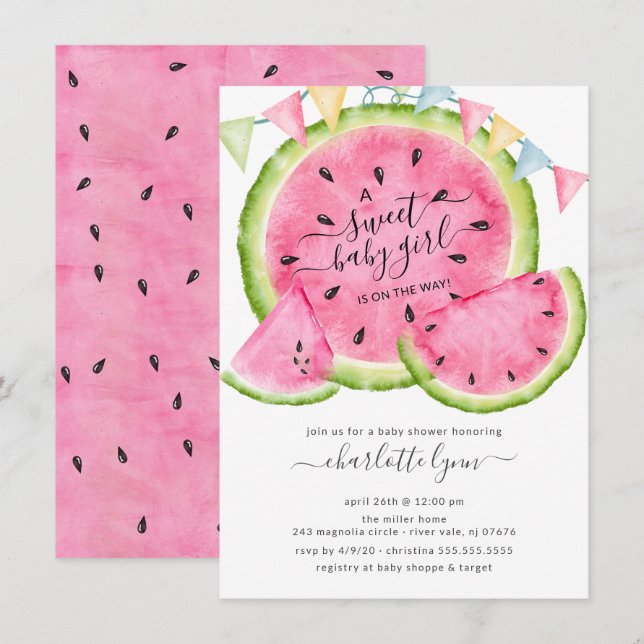 Sweet Baby Girl Watermelon Kinderdusche Einladung (Vorne/Hinten)