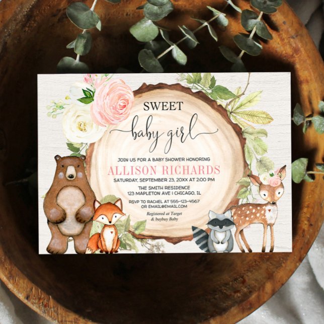 Sweet baby girl woodland niedliche Tiere Babydusch Einladung (Von Creator hochgeladen)