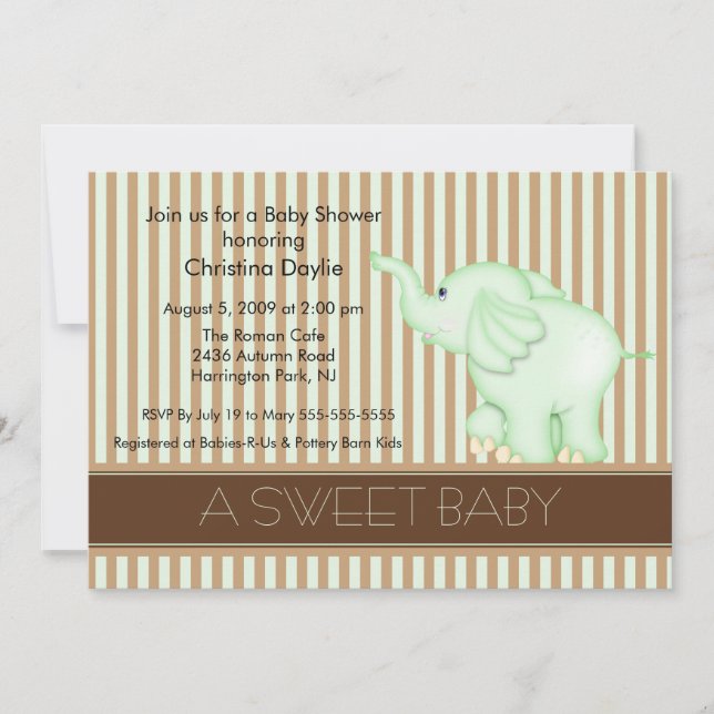 Sweet Baby Green & Brown Elephant Baby Dusche Einladung (Vorderseite)