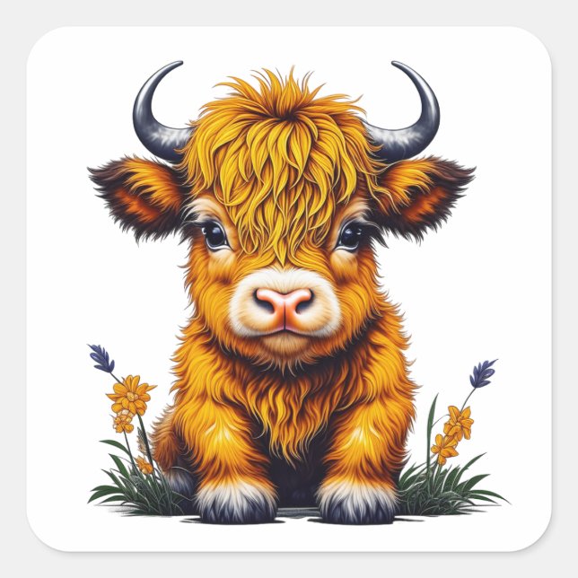 Sweet Baby Highland Cow Quadratischer Aufkleber (Vorderseite)