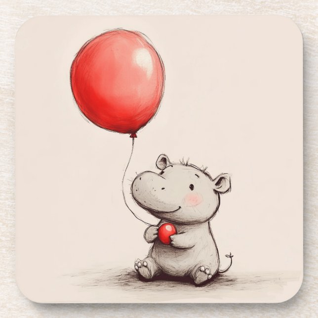 Sweet Baby Hippo mit Red Balloon Getränkeuntersetzer (Vorderseite)