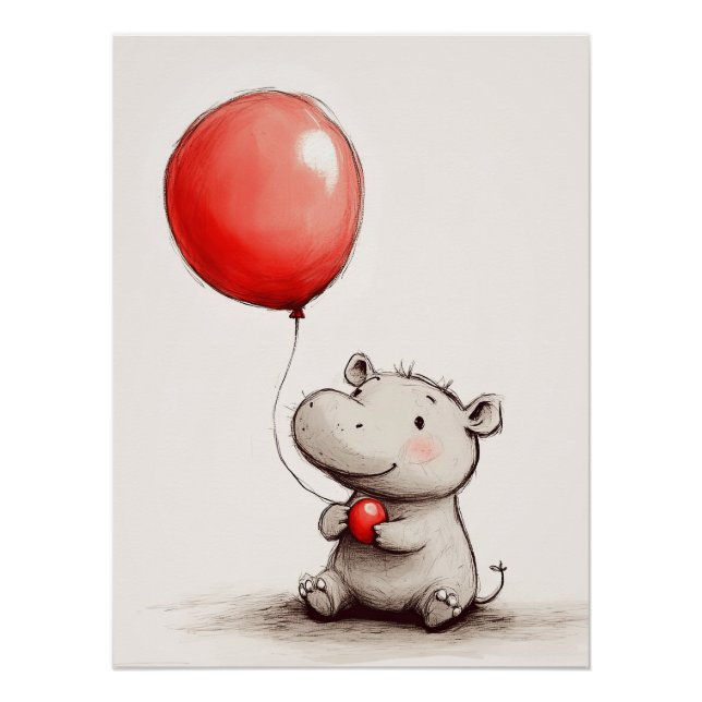 Sweet Baby Hippo mit Red Balloon Poster (Vorderseite)