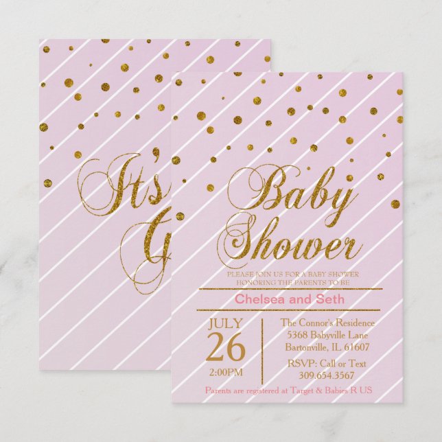 Sweet Baby Pink & Gold Confetti | Babydusche Einladung (Vorne/Hinten)