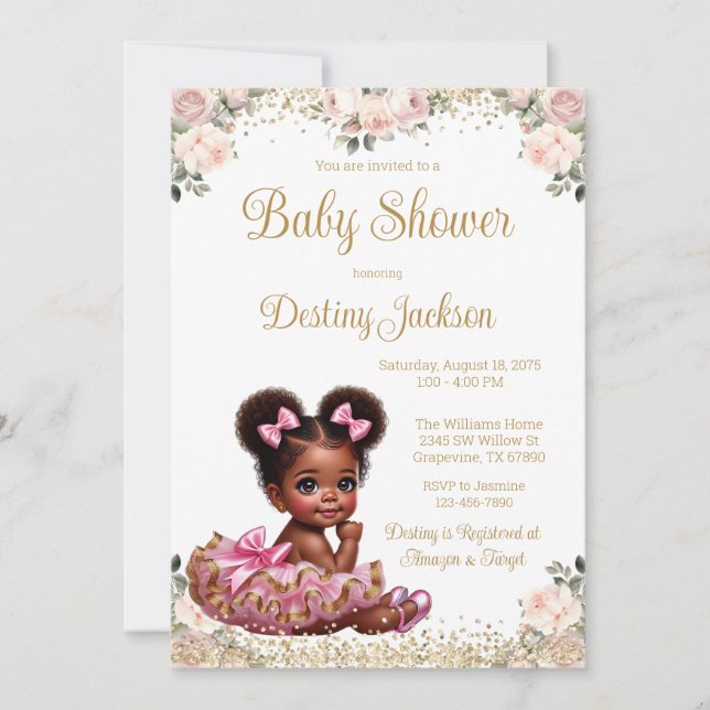 Sweet Baby Pink Tutu Rose Pink Gold Baby Dusche Einladung (Vorderseite)