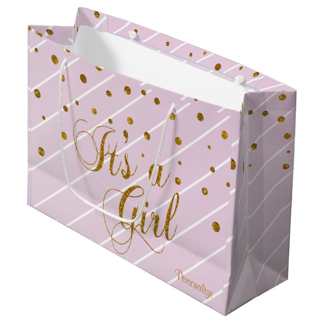 Sweet Baby Pink und Gold Confetti Große Geschenktüte (Vorderseite Schrägansicht)