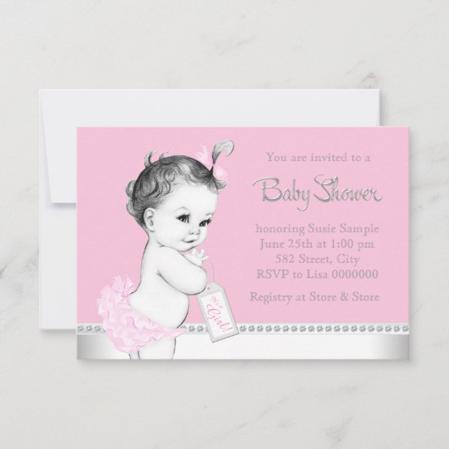 Sweet Baby Pink und Gray Baby Dusche Einladung (Vorderseite)