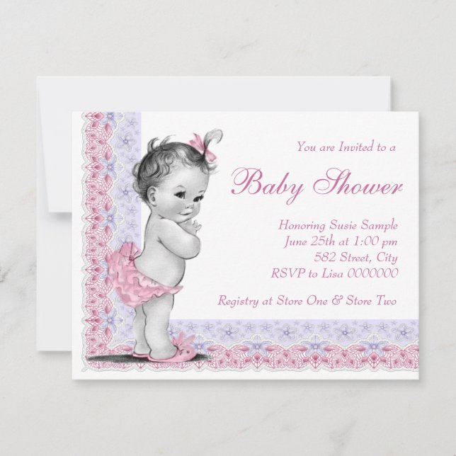 Sweet Baby Pink und Lila Babydusche Einladung (Vorderseite)