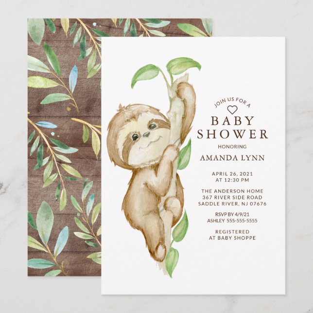 Sweet Baby Sloth Baby Dusche Einladung (Vorne/Hinten)