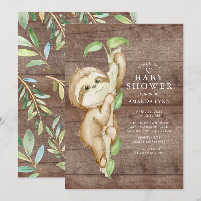 Sweet Baby Sloth Baby Dusche Einladung (Vorne/Hinten)