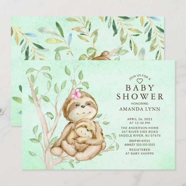 Sweet Baby Sloth Neutral Baby Dusche Einladung (Vorne/Hinten)
