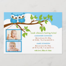 Sweet Baby Twins Owl Boy Foto Geburtsankündigung