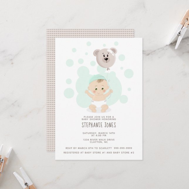 Sweet Baby und Bärenballon Einladung (Vorderseite/Rückseite Beispiel)