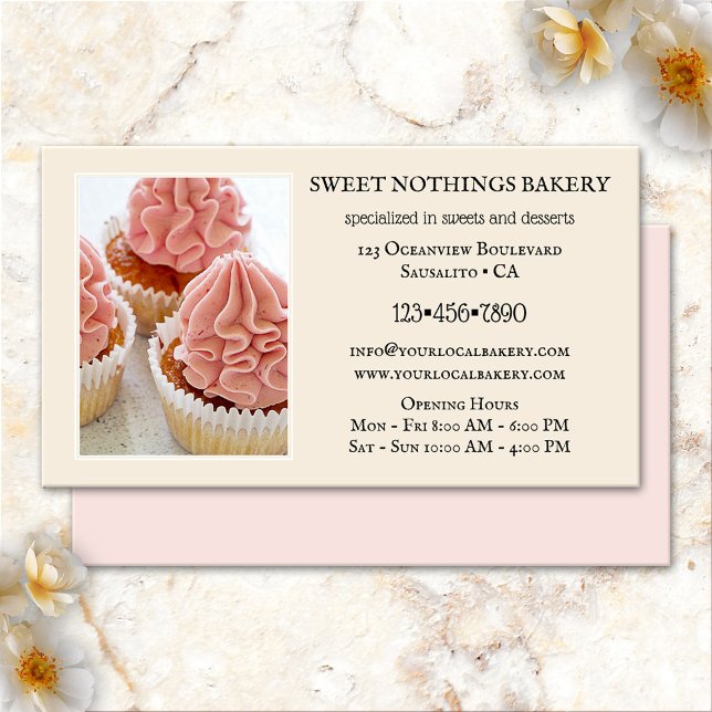 Sweet Bakery Dessert Catering Business Card Visitenkarte (Business card featuring pink cupcakes on a cream caramel background - sweet cupcake bakery - dessert)