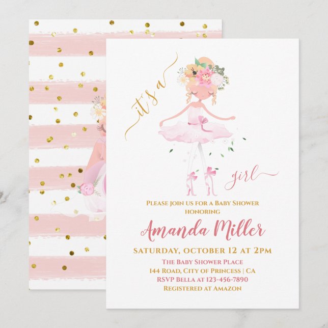 Sweet Ballet Girl Illustration Baby Shower Einladung (Vorne/Hinten)