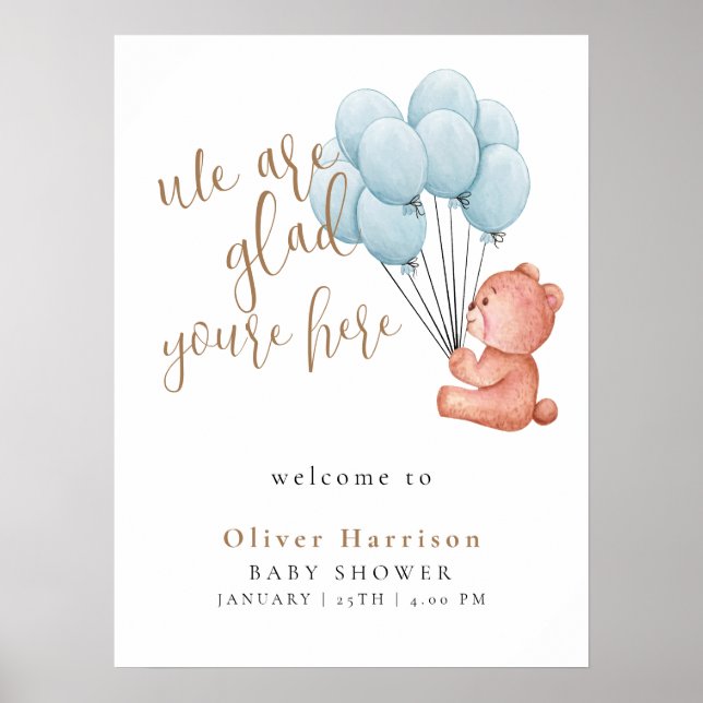 Sweet Bear Baby Dusche Blue Ballon Begrüßungszeich Poster (Vorne)