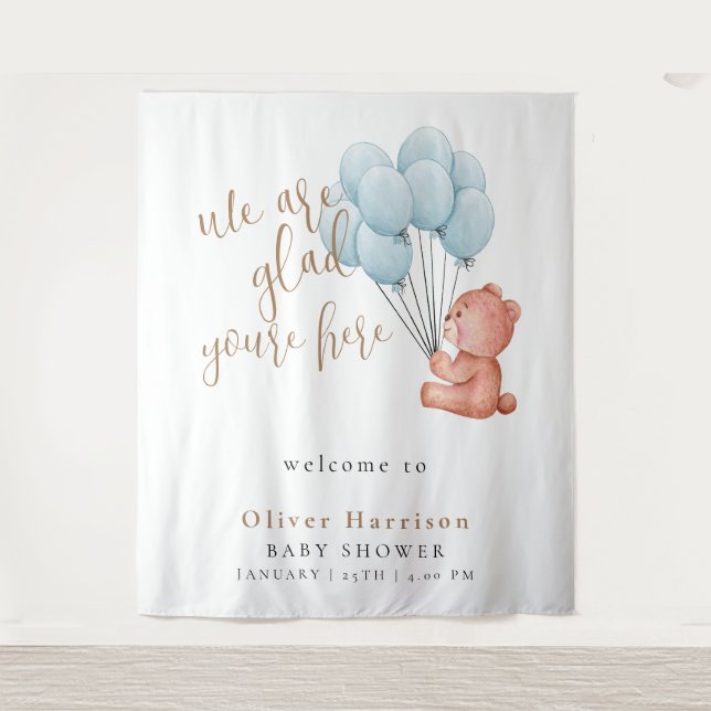Sweet Bear Baby Dusche Blue Ballon Begrüßungszeich Wandteppich (Vorderseite)