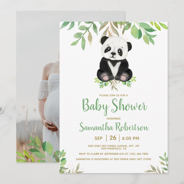 Sweet Bear Greenery Gold Neutral Baby Shower Foto Einladung (Vorne/Hinten)