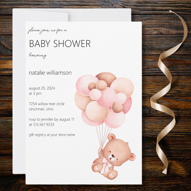 Sweet Bear mit Balloons Baby Dusche Einladung (Also available with QR code. )