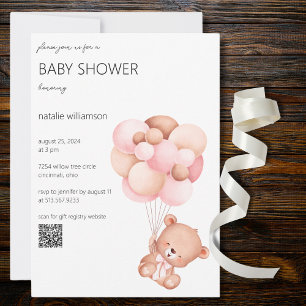 Sweet Bear with Balloons Baby Shower QR Code Einladung